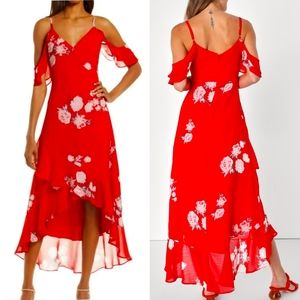Speechless Red Floral Cold Shoulder Flowy High-Low Dress Medium Summer Chic